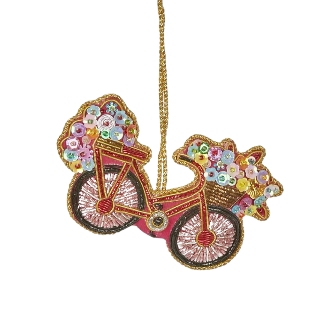 Flower Vendor Bicycle Sparkle and Sequins Christmas Tree Ornament